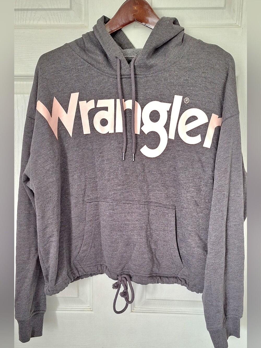 Wrangler Retro Cropped Hoodie Gray Pink Logo Pullover Size Large NWOT